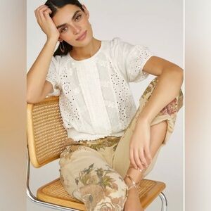 Porridge White Eyelet Embroidery Anglaise Smocked Boho Coastal Back-Tie Top M